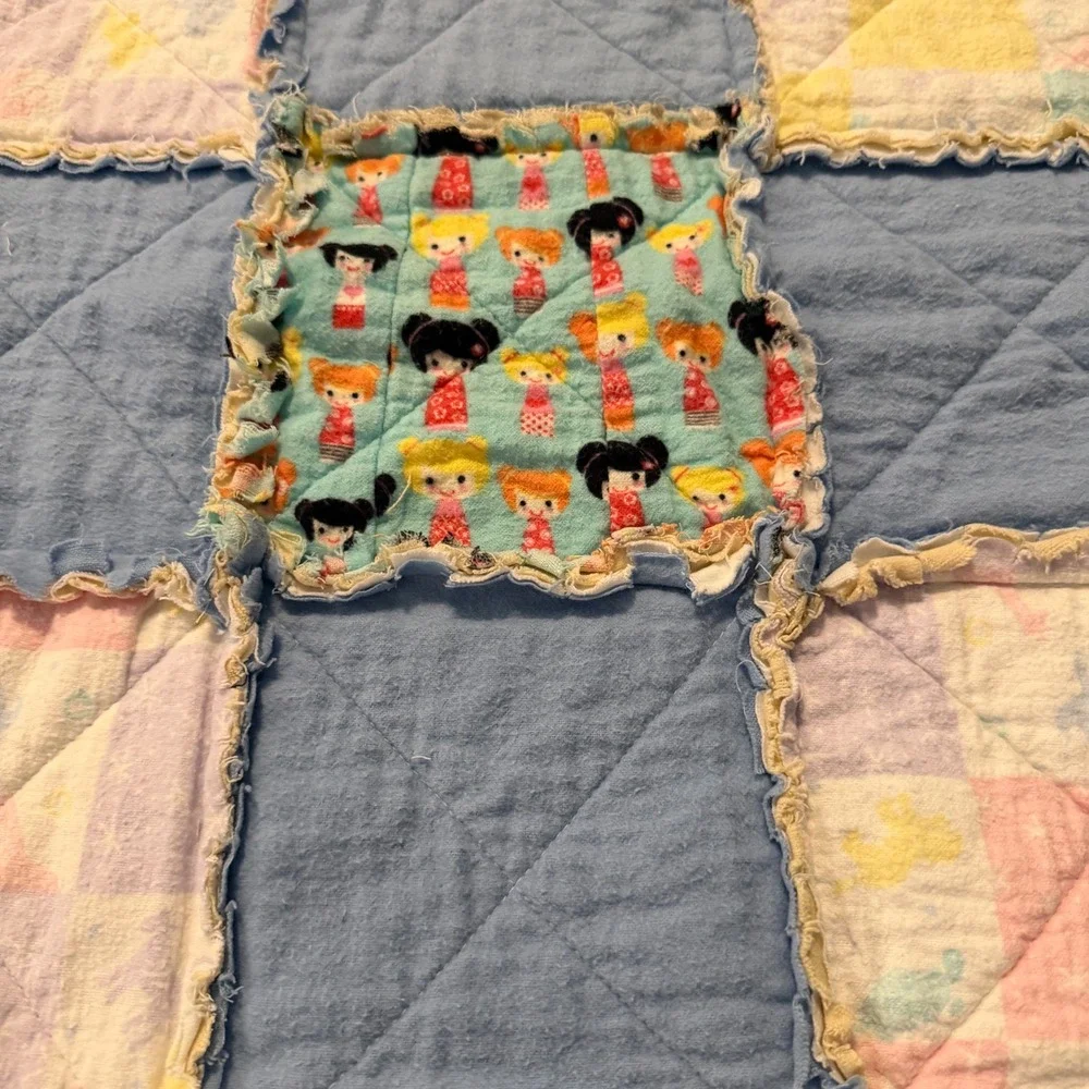 Handmade Patchwork Rag Quilt Blanket Nursery Toddler Blue Yellow Olive 53